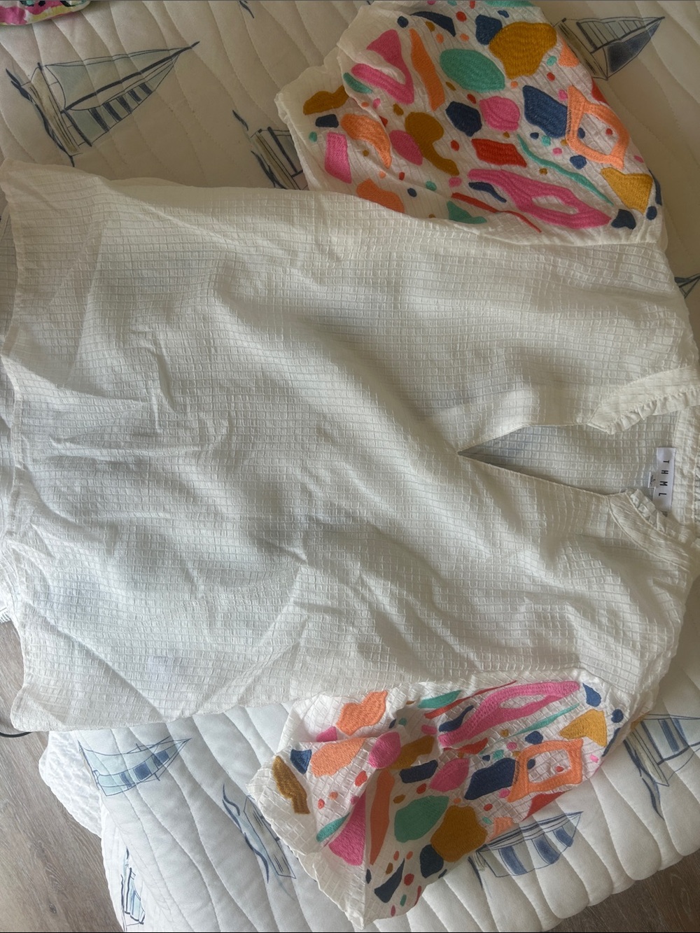 Women’s White Beach Top with Colorful Patterned Sleeves